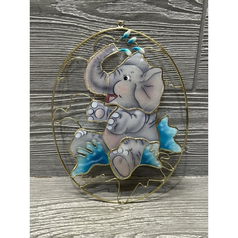 Elephant Playing in Water Sun Catcher Stained Glass Look Plastic Metal Oval